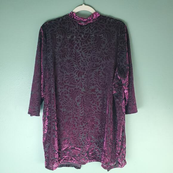 Catherines AnyWear Purple Black Velvet Burnout Open Front Cardigan Size 1X - Picture 2 of 6